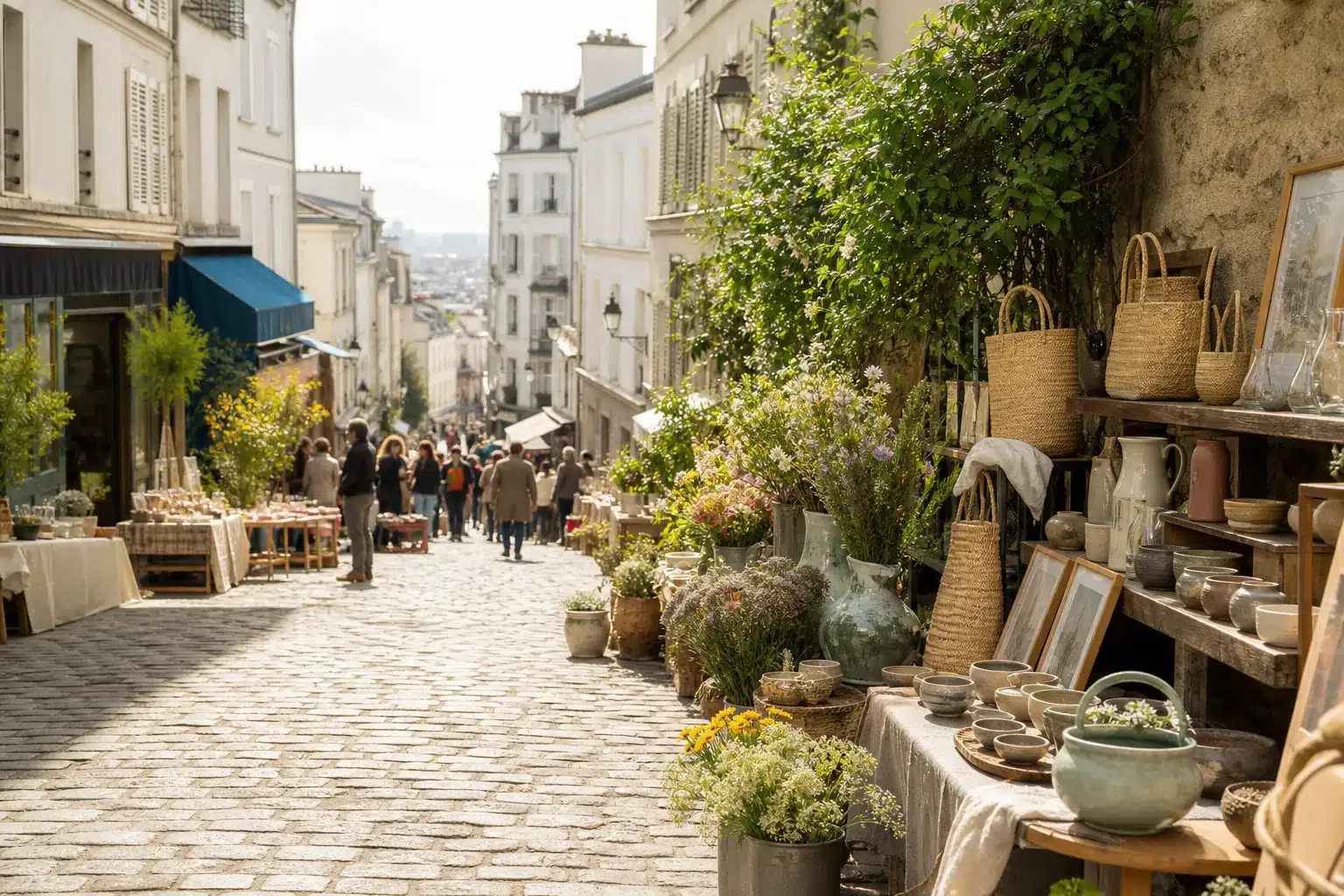 Marché d’artisans dans une rue pavée de Montmartre
