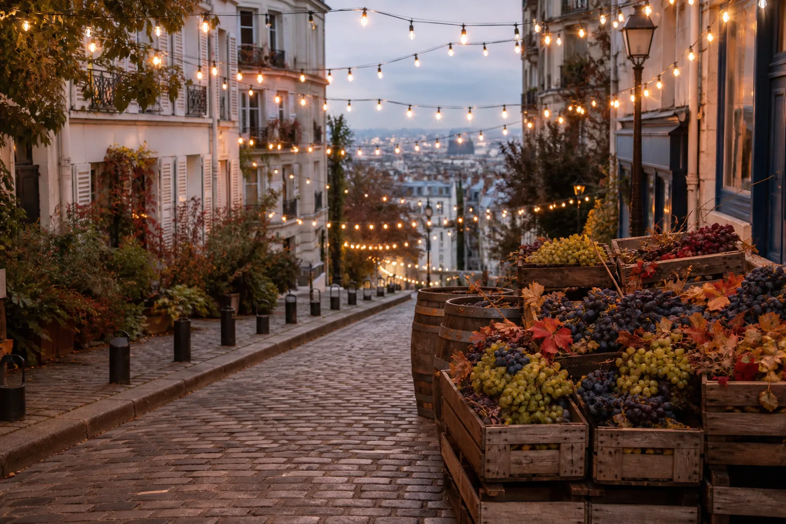 Ambiance de vendanges et guirlandes lumineuses à Montmartre