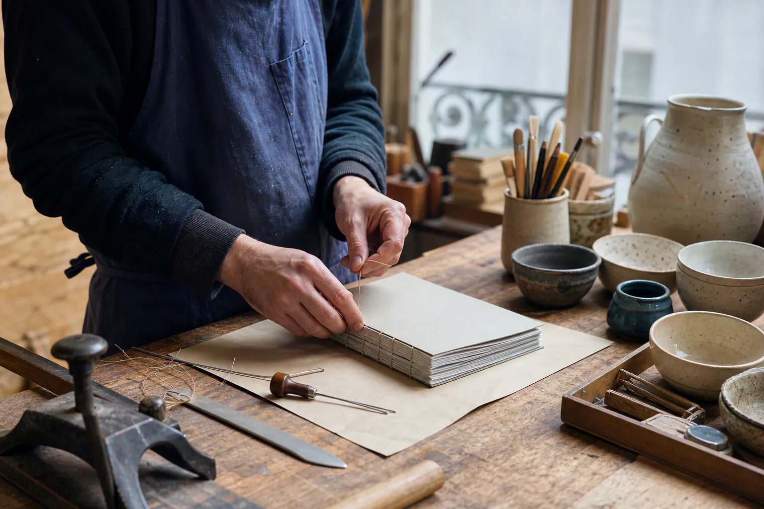 Artisan reliant un livre dans un atelier de Montmartre