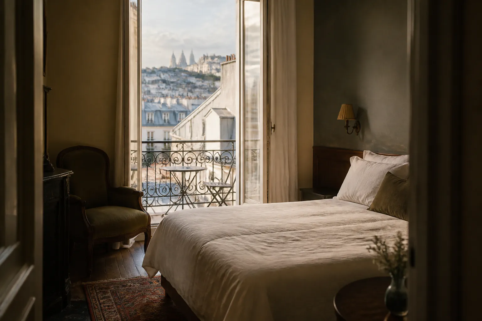 Chambre d’hôtel avec balcon et vue sur les toits de Montmartre