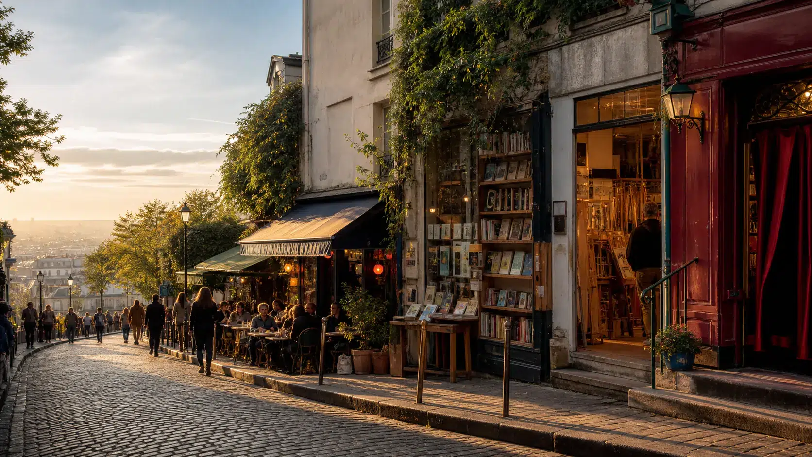 Rue de Montmartre animée par un café, une librairie, un atelier et une petite salle