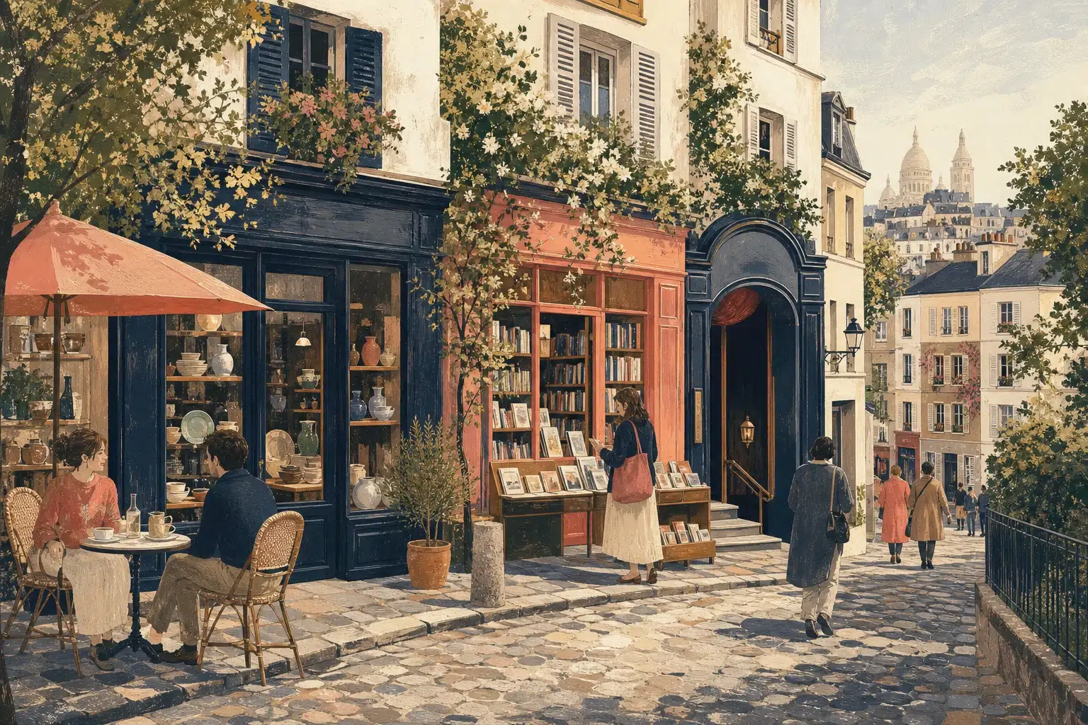 Illustration éditoriale d’une rue de Montmartre avec café, atelier, librairie et théâtre