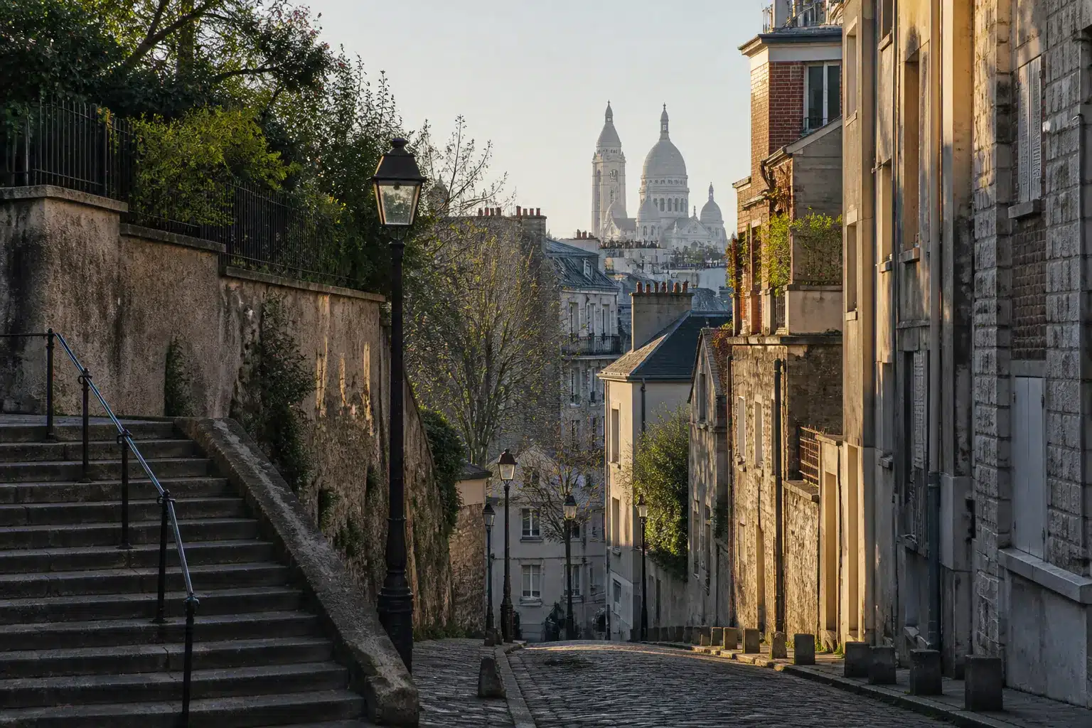 Escalier ancien, façades et Sacré-Cœur dans une rue calme de Montmartre