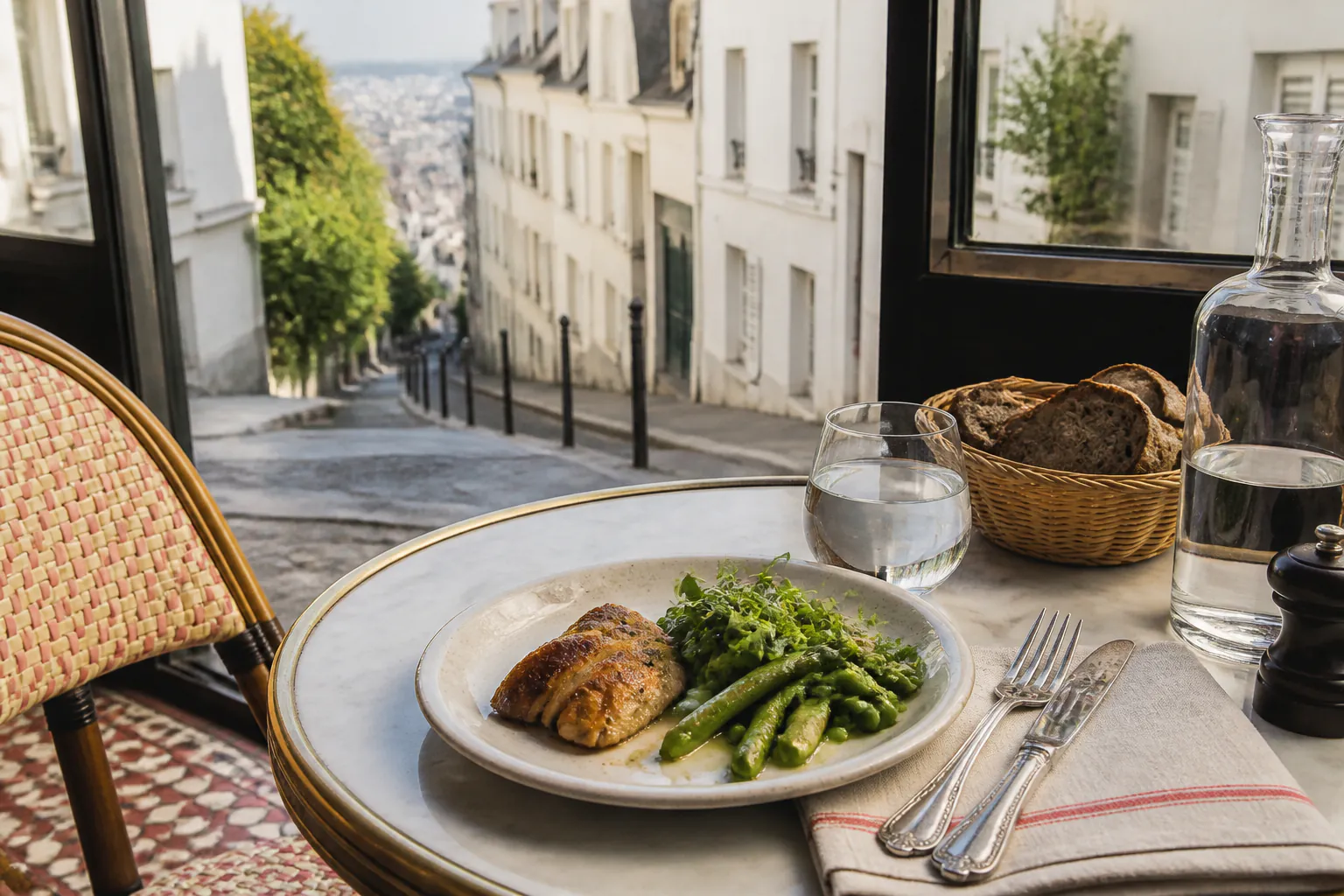Table de bistrot devant une rue en pente de Montmartre