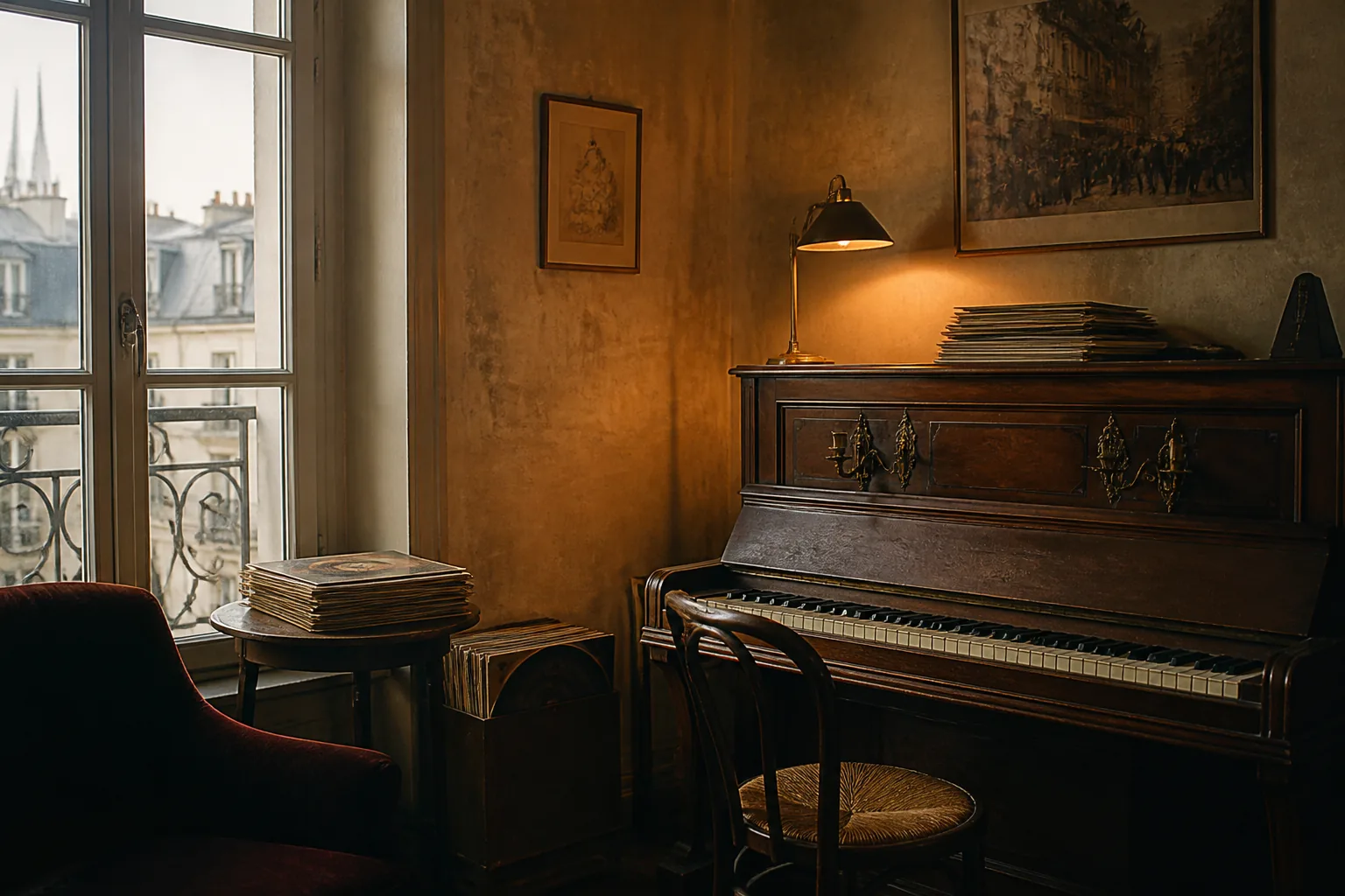 Piano et disques dans un intérieur montmartrois