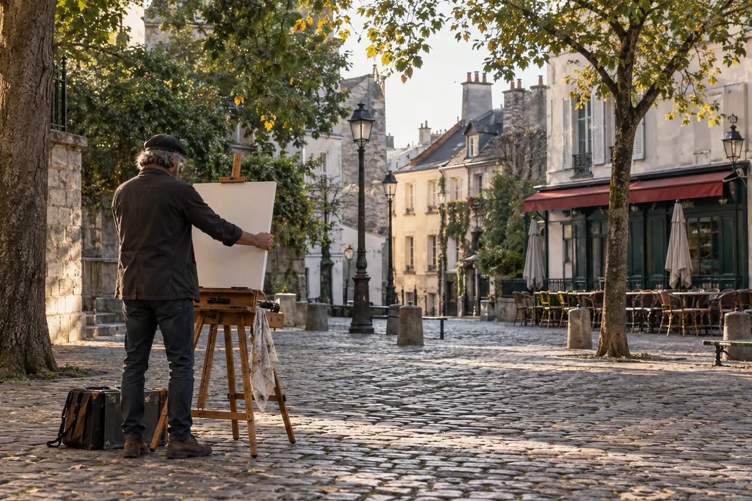 Artist setting up an easel on a quiet Montmartre square