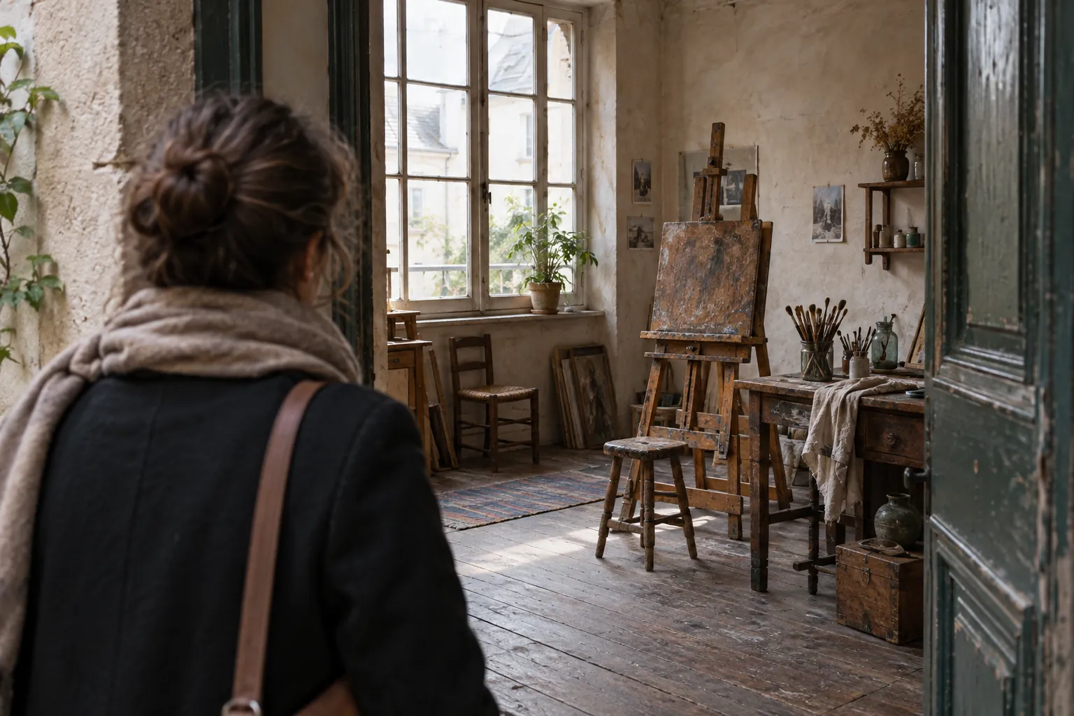 Visiteuse découvrant un ancien atelier d’artiste à Montmartre