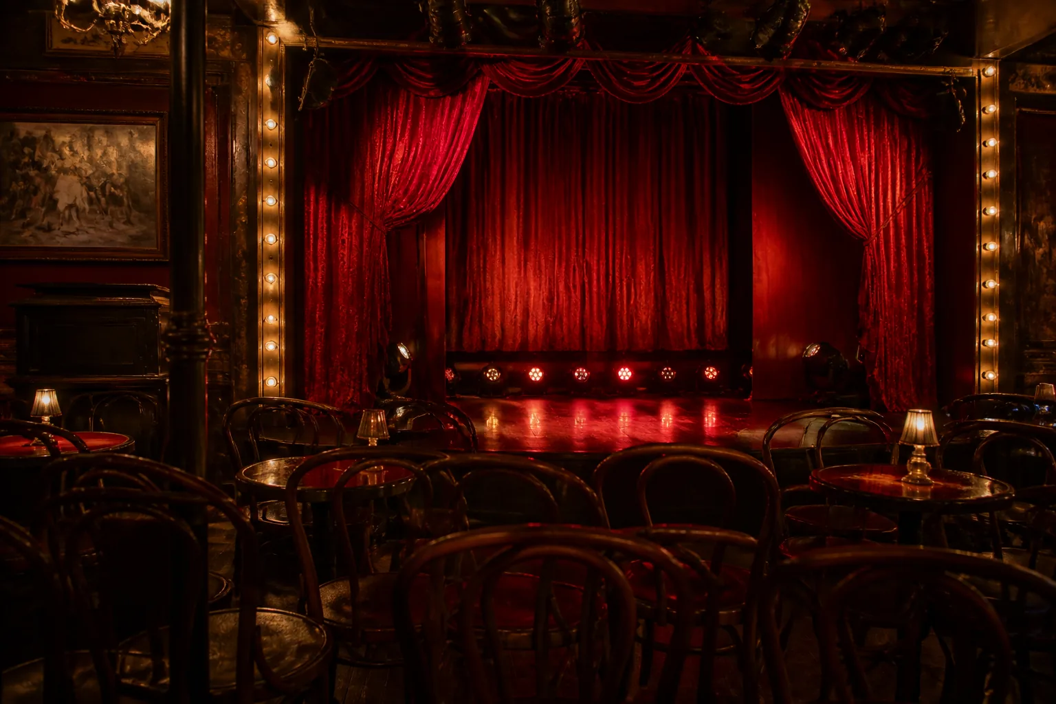 Petite scène de cabaret éclairée à Montmartre
