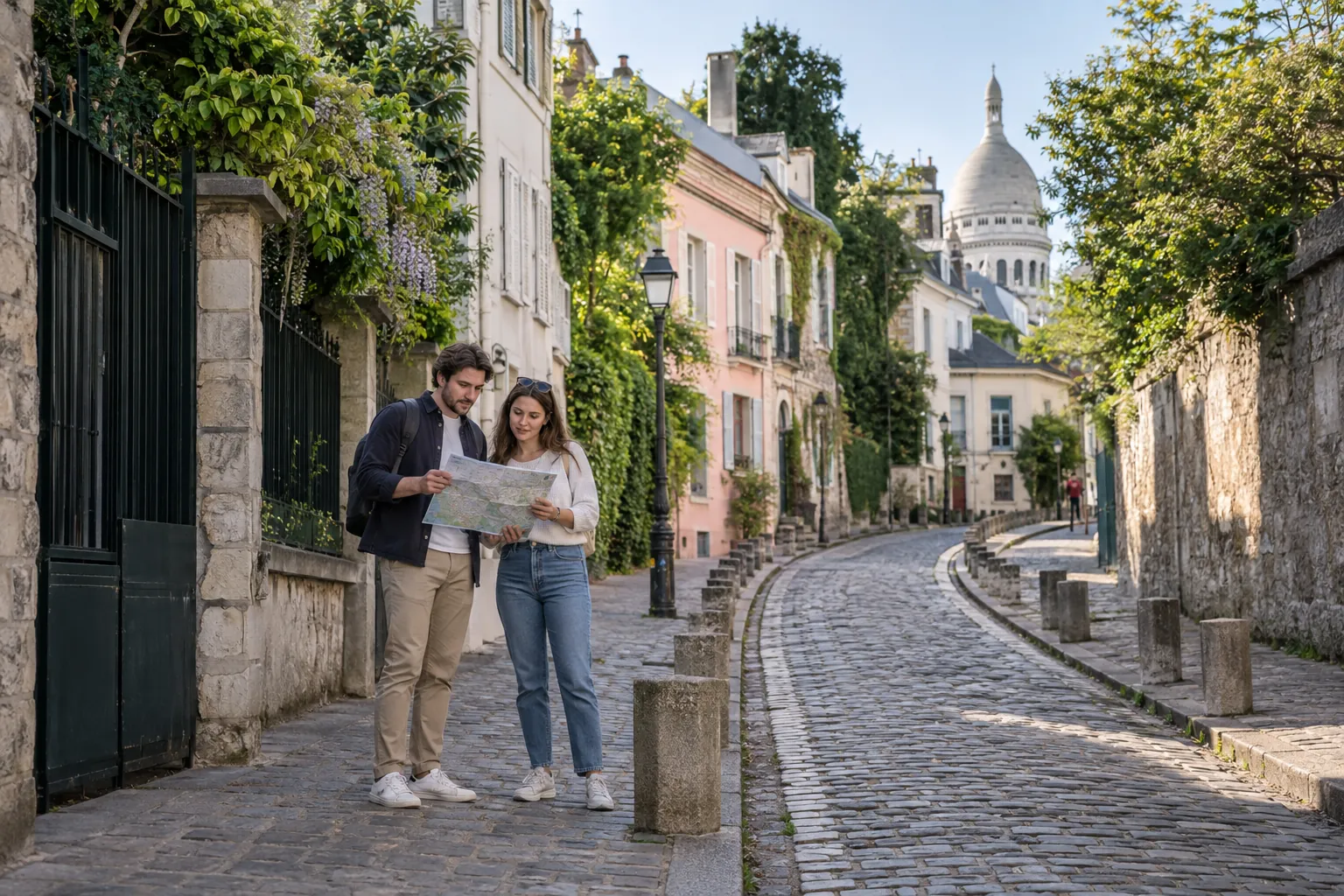 Deux visiteurs préparent leur parcours dans une rue calme de Montmartre