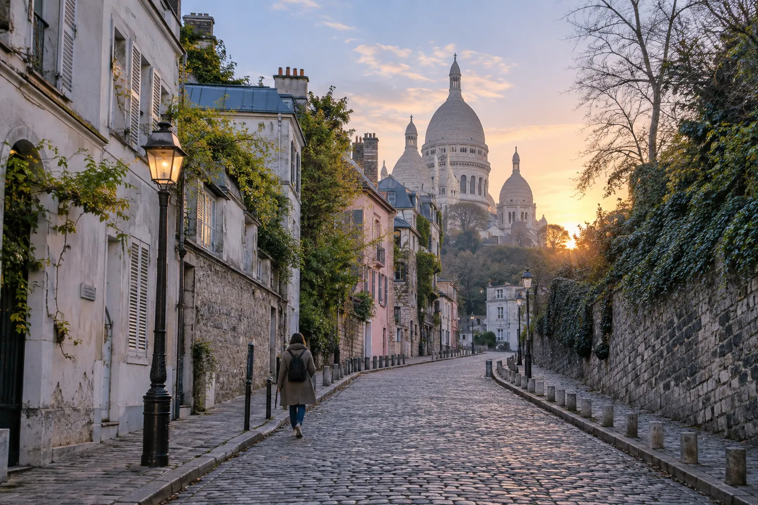 Promeneuse dans une rue pavée de Montmartre au lever du jour