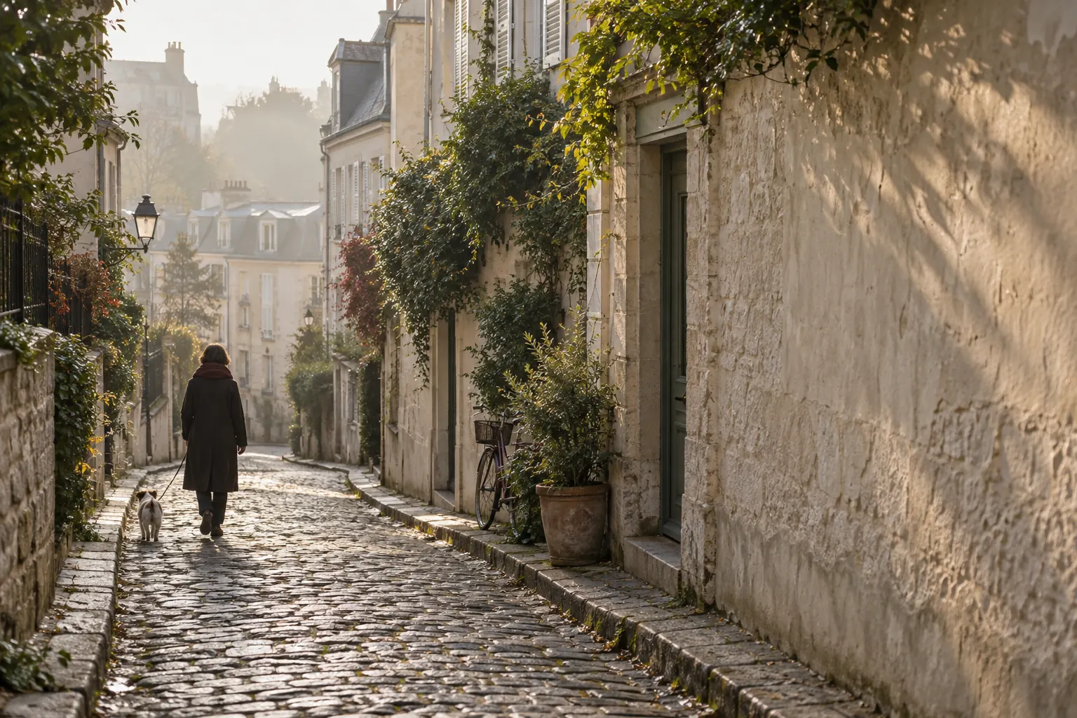 Habitante promenant son chien dans une ruelle calme de Montmartre