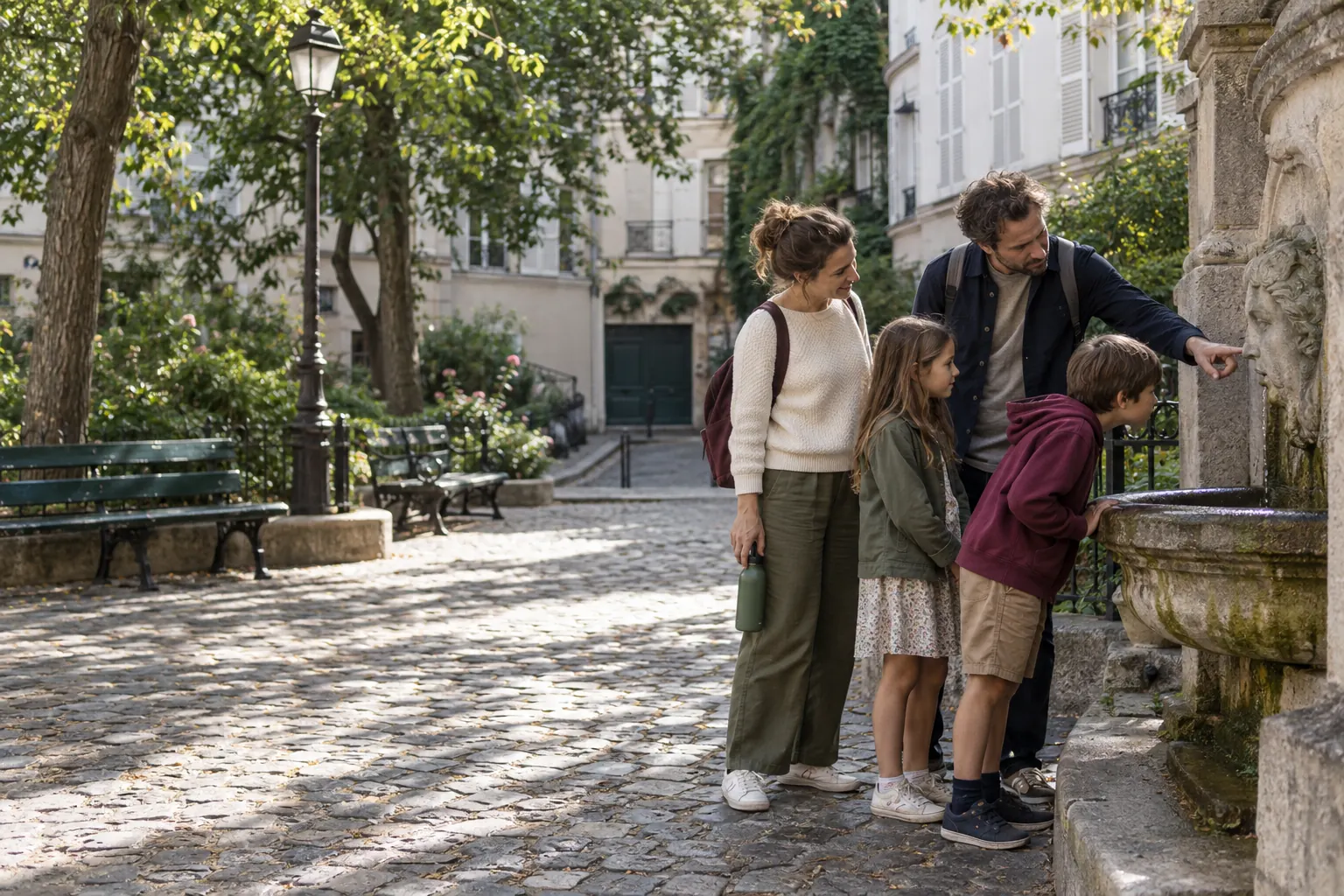 Famille observant une fontaine dans un square de Montmartre