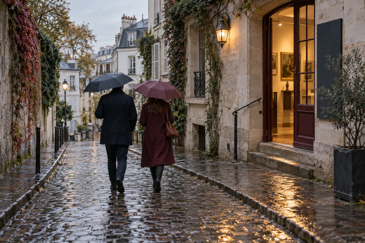 Deux personnes marchant sous des parapluies dans une rue pavée de Montmartre
