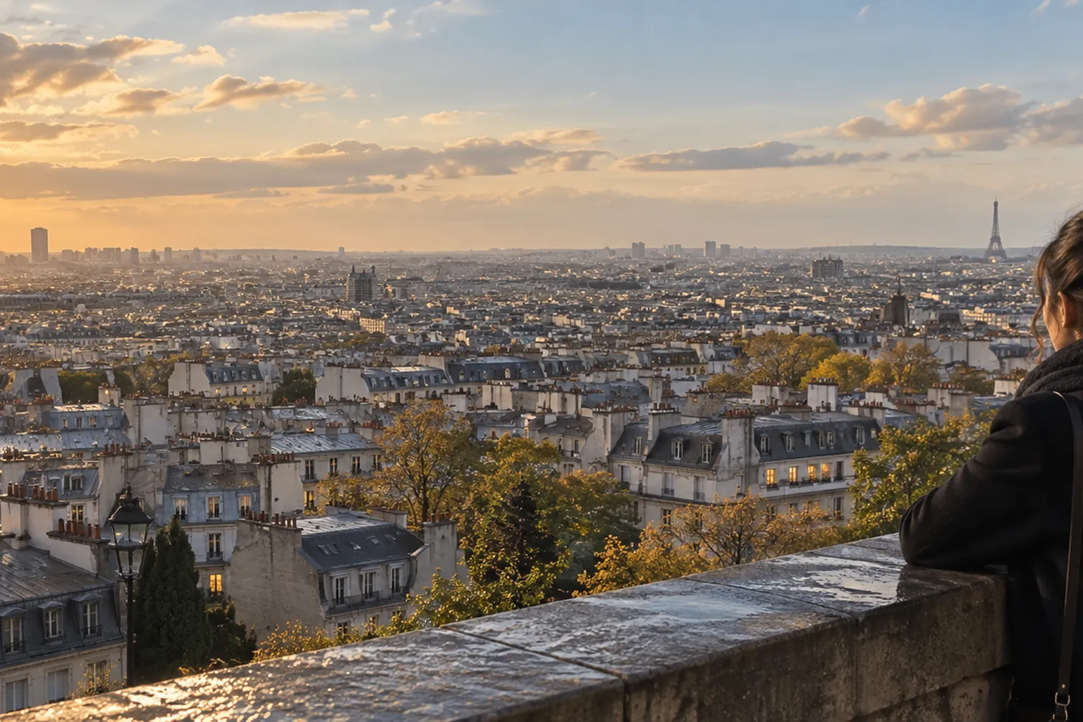 Visiteuse regardant les toits de Paris depuis un belvédère public de Montmartre