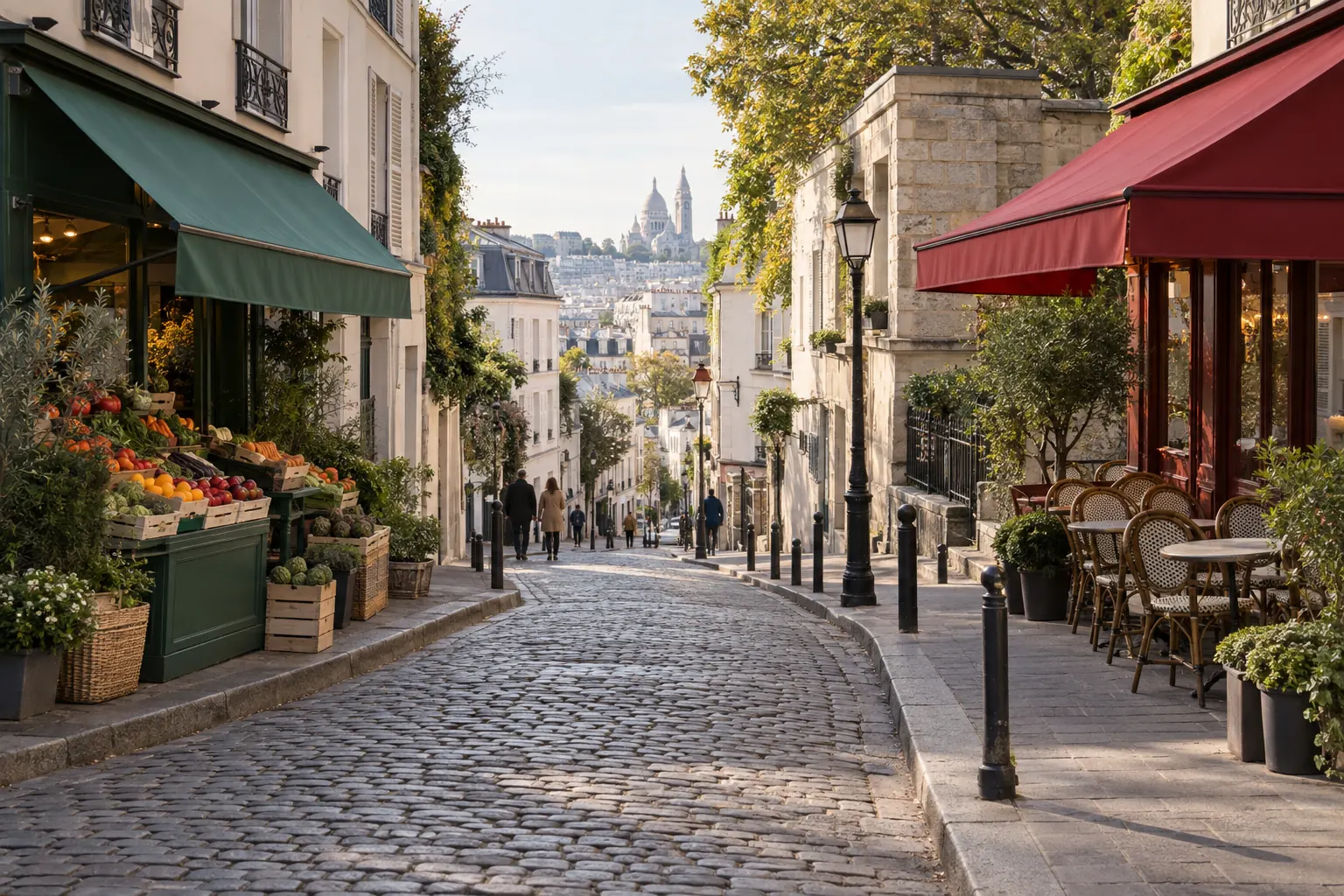 Illustration éditoriale d’une rue commerçante en pente évoquant la rue Lepic
