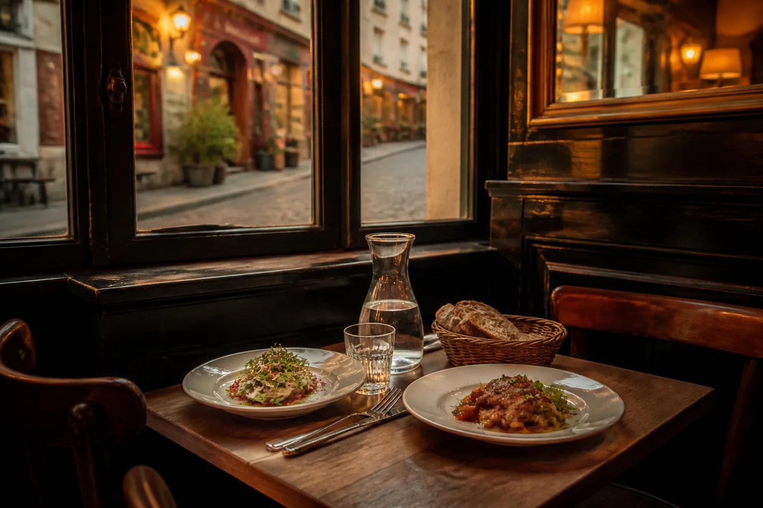 Table de bistrot montmartrois près d’une fenêtre