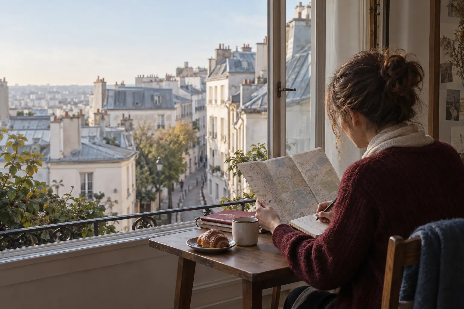 Visiteuse préparant son parcours devant les toits de Montmartre