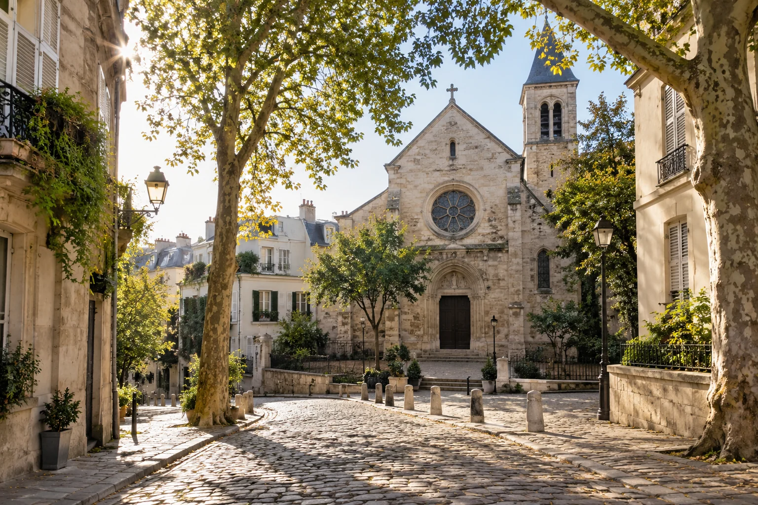Illustration : Une place et une église évoquant le patrimoine de Montmartre