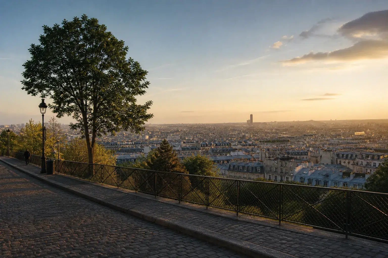 Panorama sur les toits de Paris depuis les hauteurs de Montmartre au coucher du soleil
