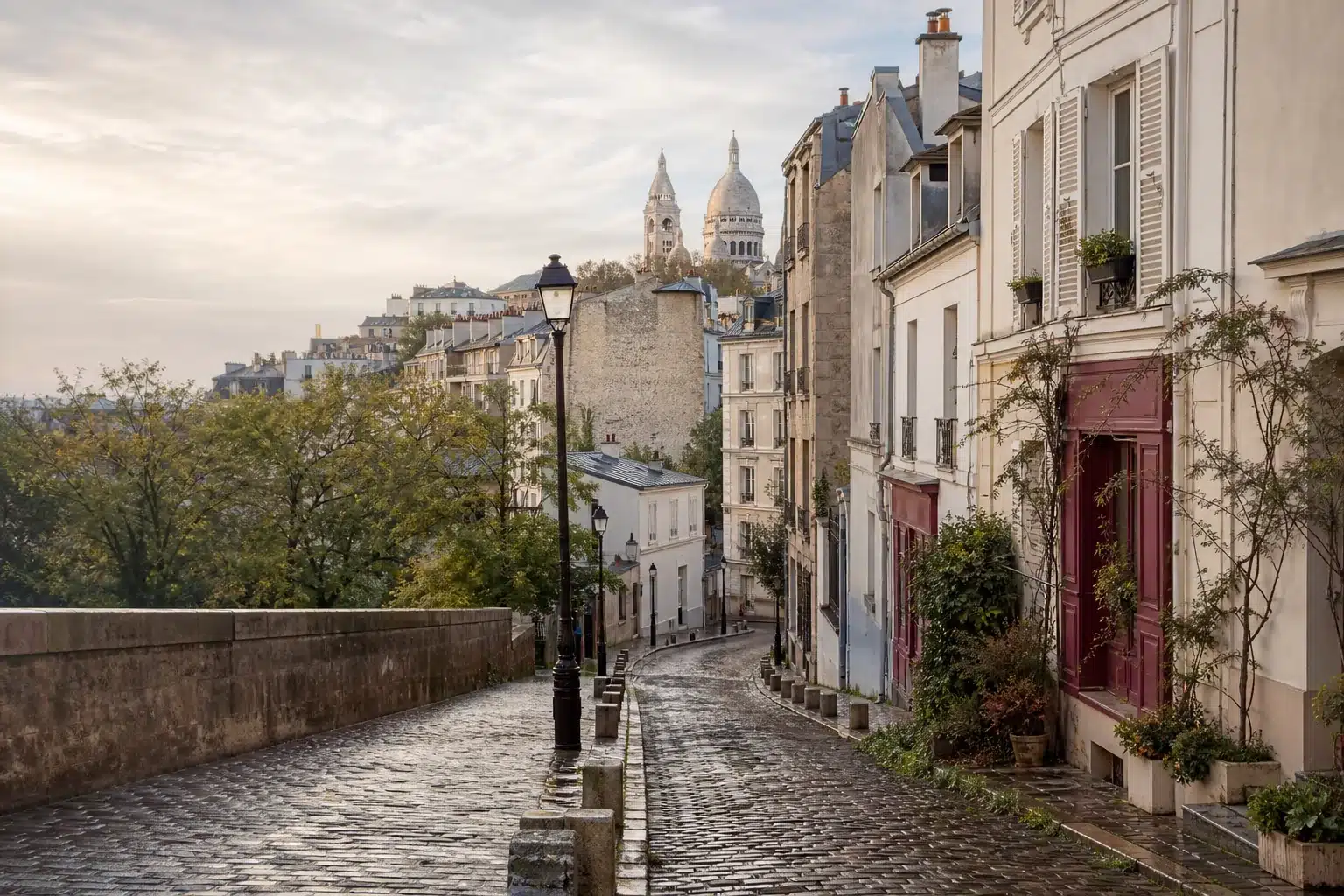 Cobblestone street and façades in Montmartre at first light, with Sacré-Cœur in the distance