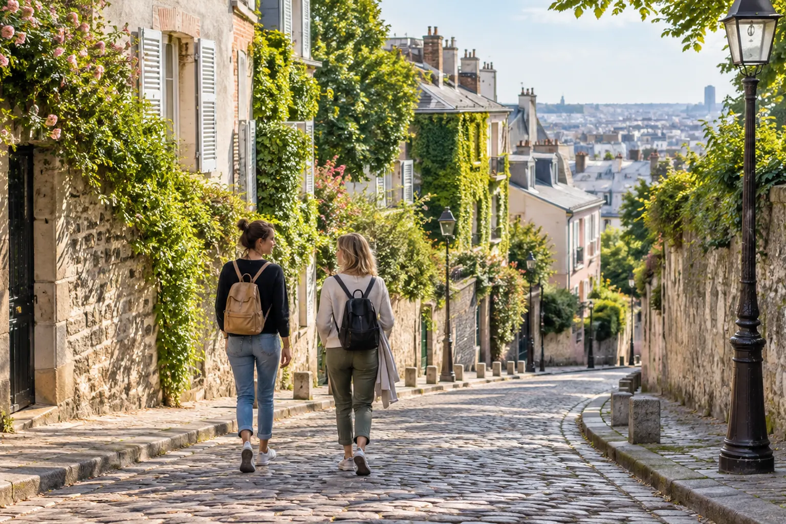 Deux promeneuses descendant une rue pavée et arborée de Montmartre