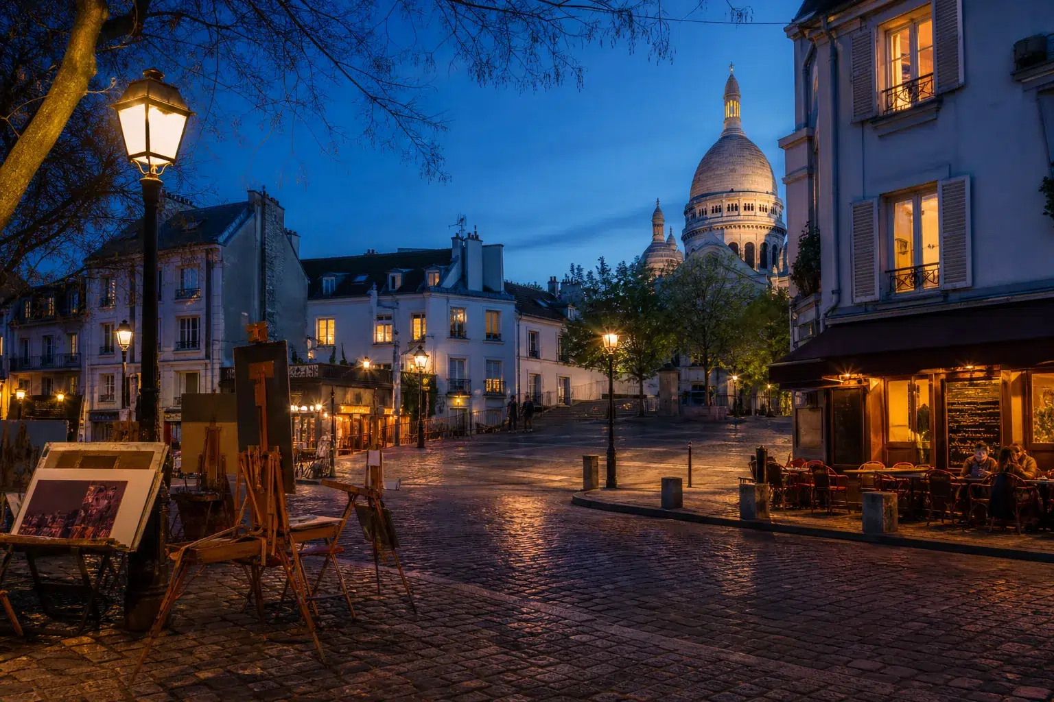 Montmartre square and easels at dusk