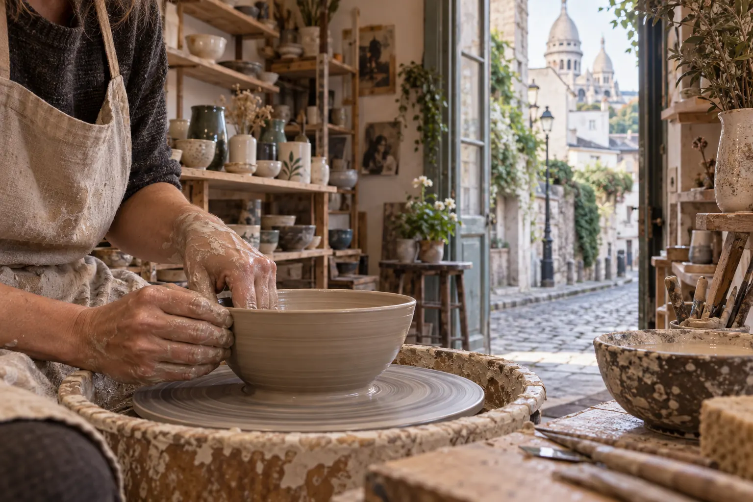 Artisan céramiste façonnant un bol dans son atelier à Montmartre