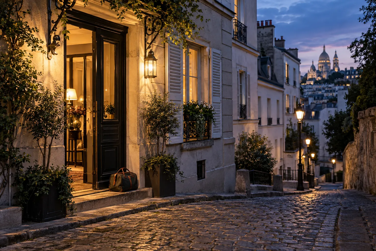 Entrée éclairée d’un petit hôtel montmartrois à la tombée du jour