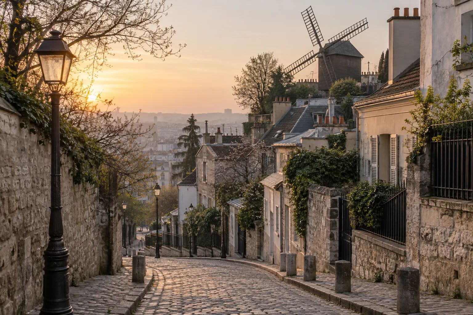 Rue en pente de Montmartre avec un ancien moulin au lever du jour