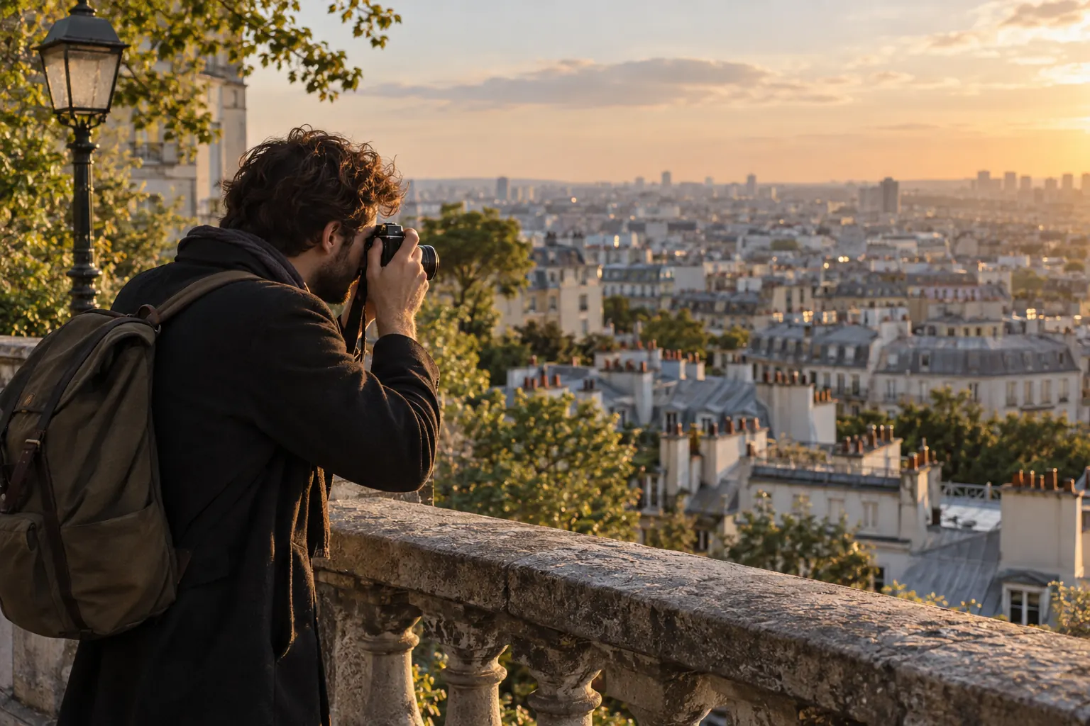 Photographe cadrant les toits de Paris depuis Montmartre