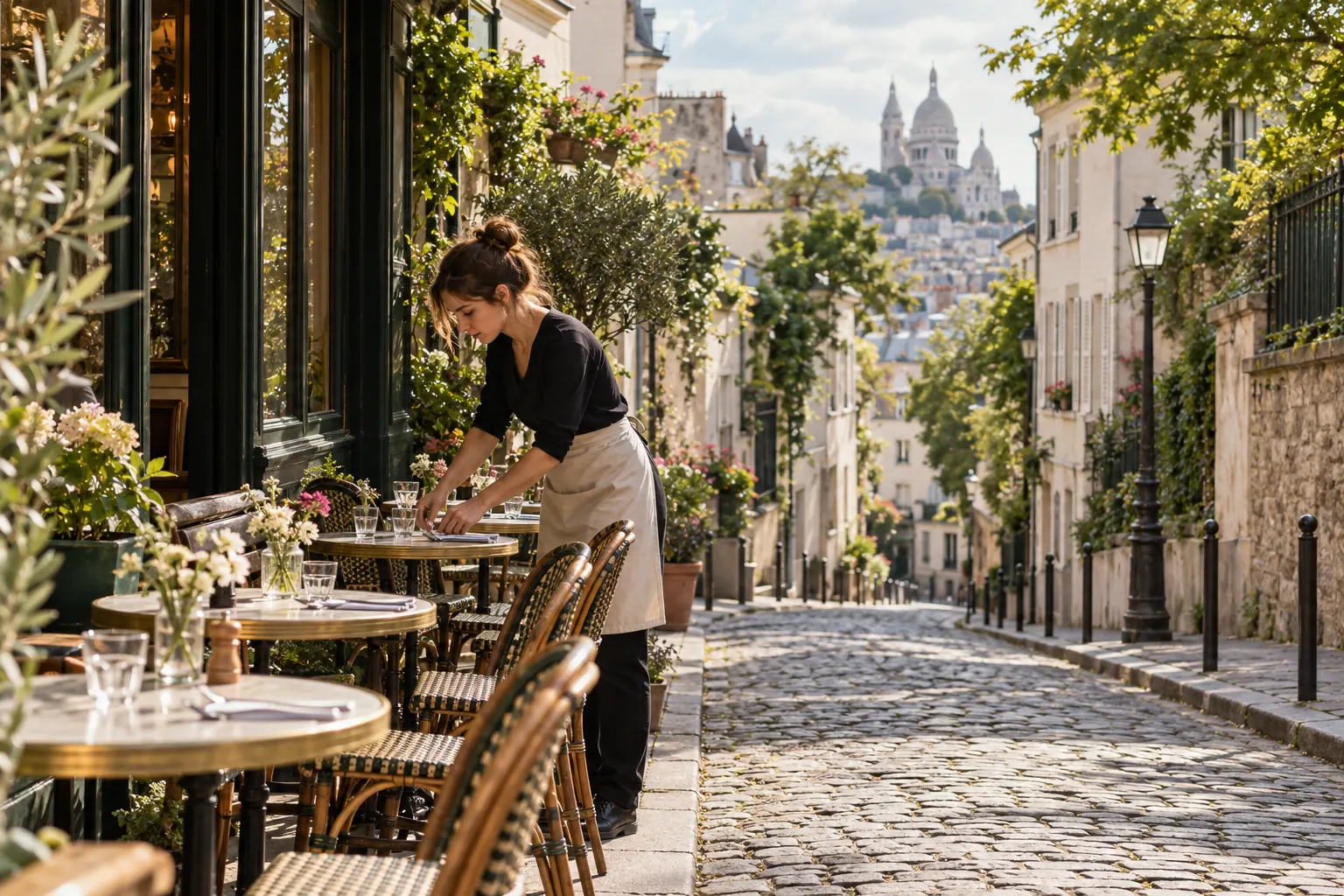 Terrasse de café préparée le matin dans une rue de Montmartre
