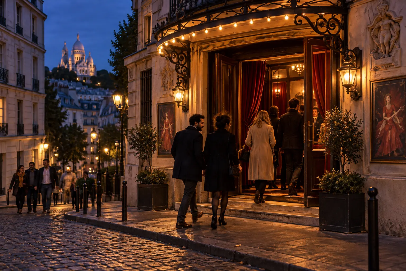 Public entrant dans un théâtre de quartier à Montmartre au crépuscule