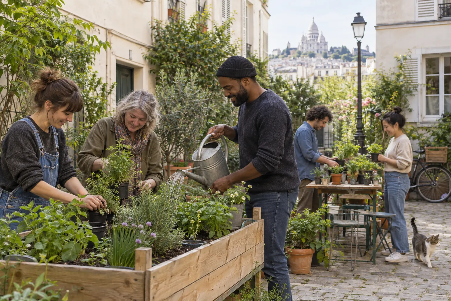 Habitants cultivant ensemble un jardin partagé à Montmartre