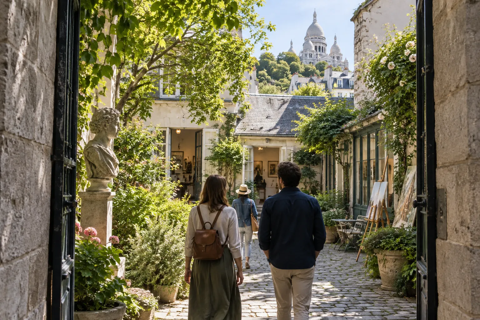 Visiteurs entrant dans une cour de musée arborée à Montmartre
